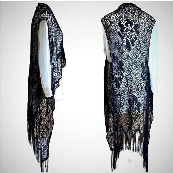 CREAM Black Mesh Fringed Lace Coverup OS - Picture 1 of 15